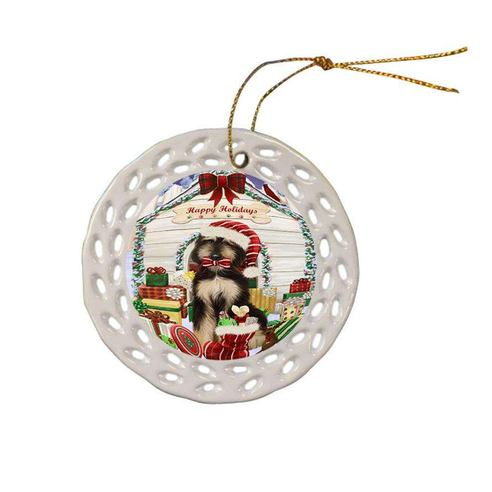 Happy Holidays Christmas Afghan Hound Dog With Presents Ceramic Doily Ornament DPOR52617