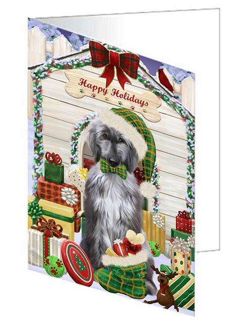 Happy Holidays Christmas Afghan Hound Dog With Presents Handmade Artwork Assorted Pets Greeting Cards and Note Cards with Envelopes for All Occasions and Holiday Seasons GCD61871