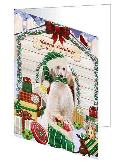 Happy Holidays Christmas Afghan Hound Dog With Presents Handmade Artwork Assorted Pets Greeting Cards and Note Cards with Envelopes for All Occasions and Holiday Seasons GCD61874