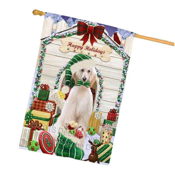 Happy Holidays Christmas Afghan Hound Dog With Presents House Flag FLG52696
