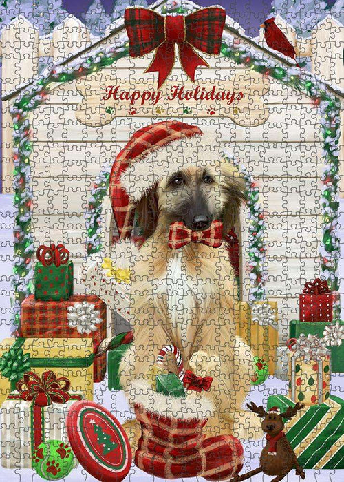 Happy Holidays Christmas Afghan Hound Dog With Presents Puzzle with Photo Tin PUZL61779