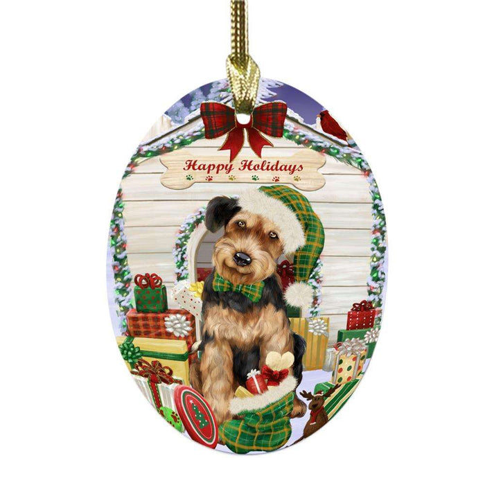 Happy Holidays Christmas Airedale House With Presents Oval Glass Christmas Ornament OGOR49742