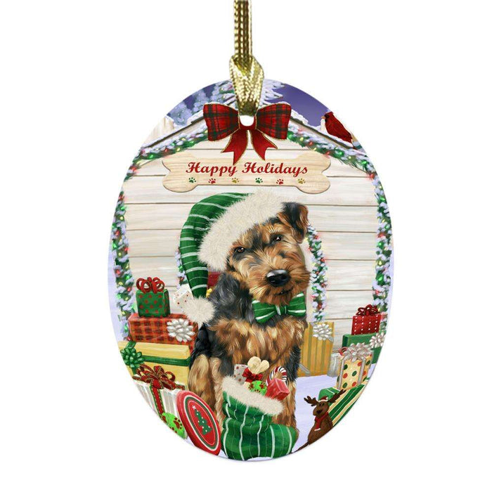 Happy Holidays Christmas Airedale House With Presents Oval Glass Christmas Ornament OGOR49743