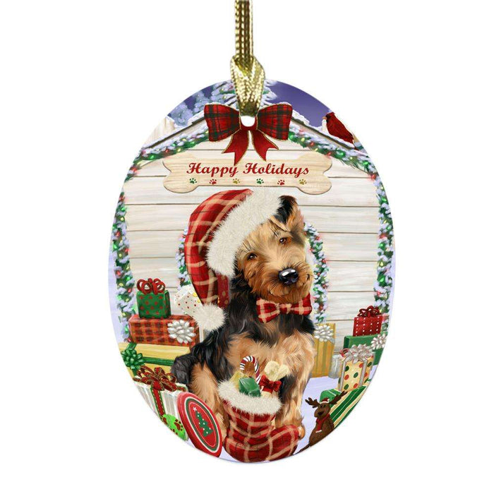 Happy Holidays Christmas Airedale House With Presents Oval Glass Christmas Ornament OGOR49744