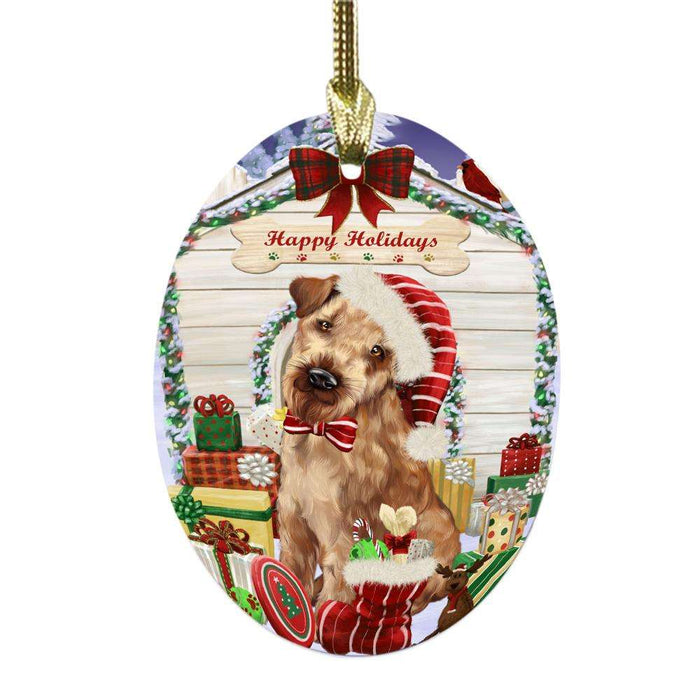 Happy Holidays Christmas Airedale House With Presents Oval Glass Christmas Ornament OGOR49745