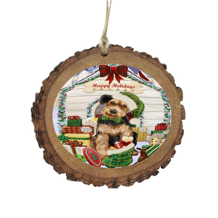 Happy Holidays Christmas Airedale House With Presents Wooden Christmas Ornament WOR49742