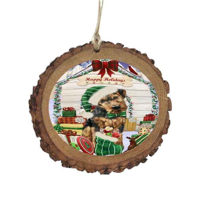 Happy Holidays Christmas Airedale House With Presents Wooden Christmas Ornament WOR49743