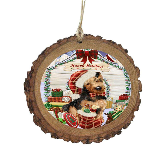 Happy Holidays Christmas Airedale House With Presents Wooden Christmas Ornament WOR49744
