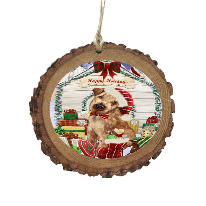 Happy Holidays Christmas Airedale House With Presents Wooden Christmas Ornament WOR49745