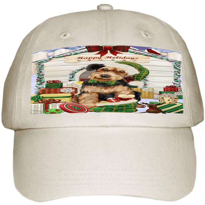 Happy Holidays Christmas Airedale Terrier Dog House with Presents Ball Hat Cap HAT57621