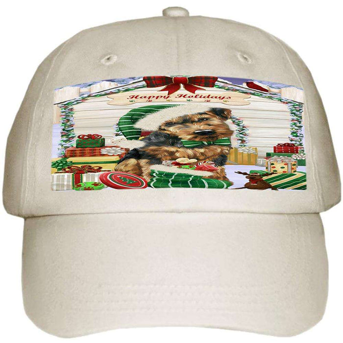 Happy Holidays Christmas Airedale Terrier Dog House with Presents Ball Hat Cap HAT57624