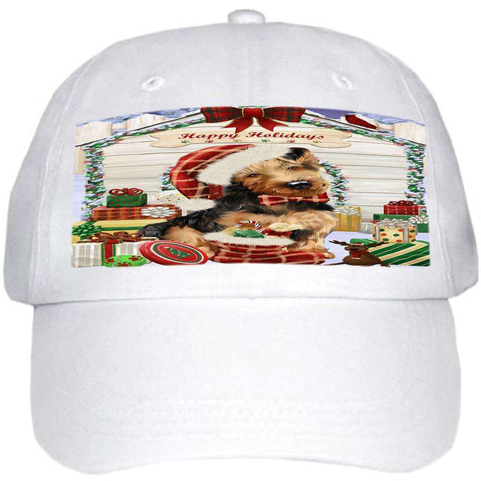 Happy Holidays Christmas Airedale Terrier Dog House with Presents Ball Hat Cap HAT57627