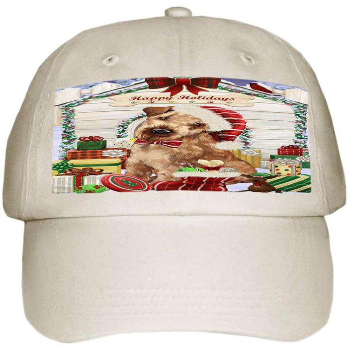 Happy Holidays Christmas Airedale Terrier Dog House with Presents Ball Hat Cap HAT57630