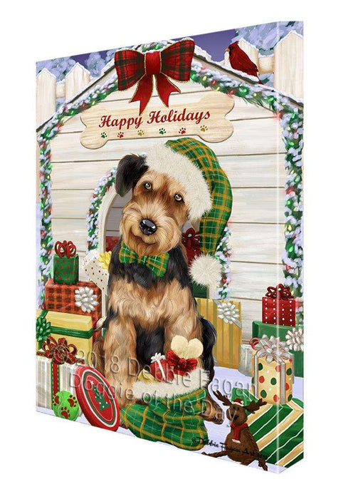 Happy Holidays Christmas Airedale Terrier Dog House with Presents Canvas Print Wall Art Décor CVS78254