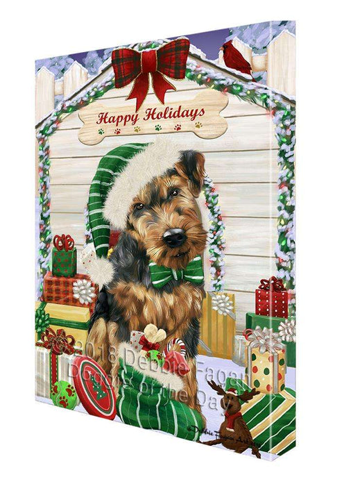 Happy Holidays Christmas Airedale Terrier Dog House with Presents Canvas Print Wall Art Décor CVS78263