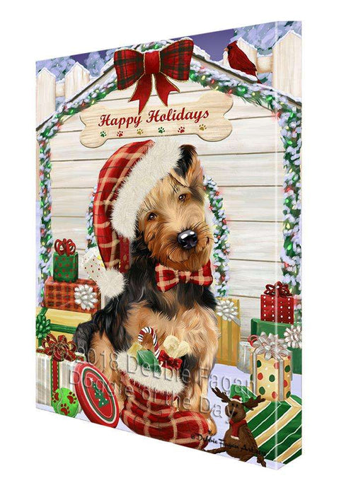Happy Holidays Christmas Airedale Terrier Dog House with Presents Canvas Print Wall Art Décor CVS78272
