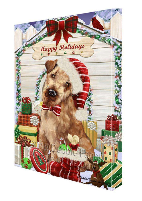 Happy Holidays Christmas Airedale Terrier Dog House with Presents Canvas Print Wall Art Décor CVS78281