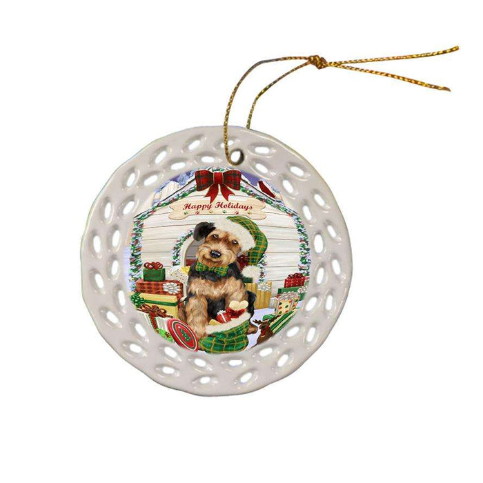 Happy Holidays Christmas Airedale Terrier Dog House with Presents Ceramic Doily Ornament DPOR51296