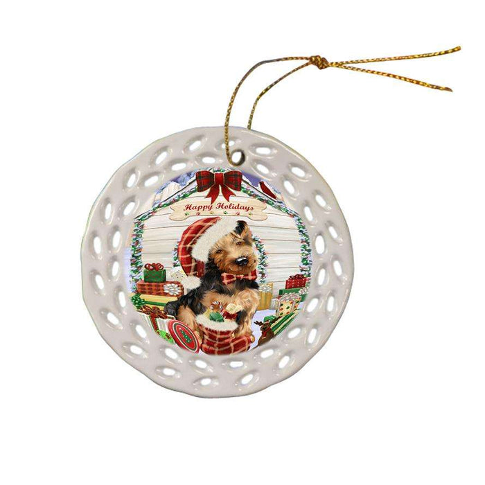 Happy Holidays Christmas Airedale Terrier Dog House with Presents Ceramic Doily Ornament DPOR51298