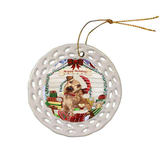 Happy Holidays Christmas Airedale Terrier Dog House with Presents Ceramic Doily Ornament DPOR51299