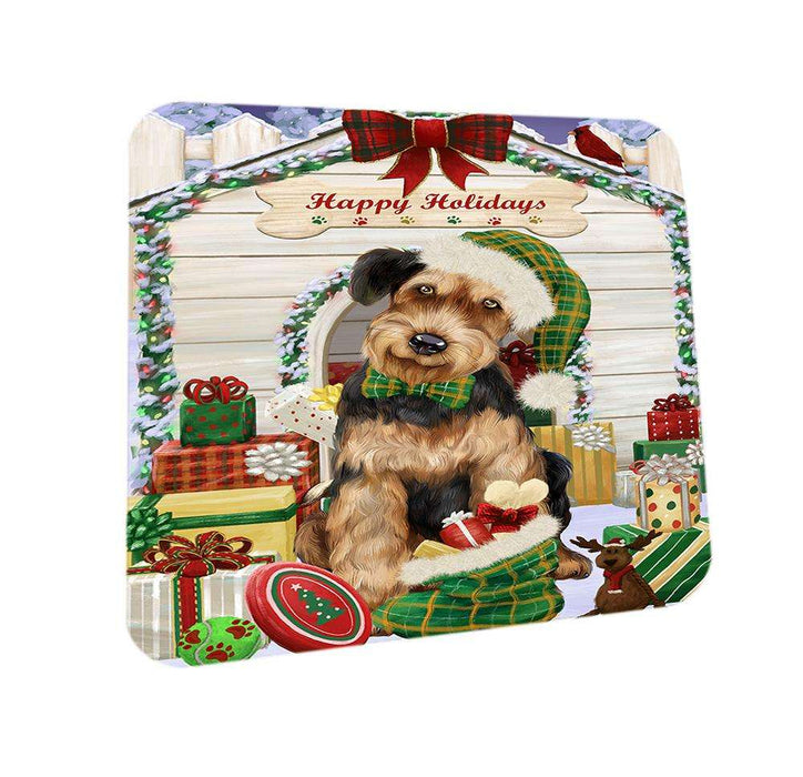 Happy Holidays Christmas Airedale Terrier Dog House with Presents Coasters Set of 4 CST51255