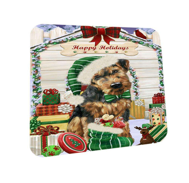 Happy Holidays Christmas Airedale Terrier Dog House with Presents Coasters Set of 4 CST51256