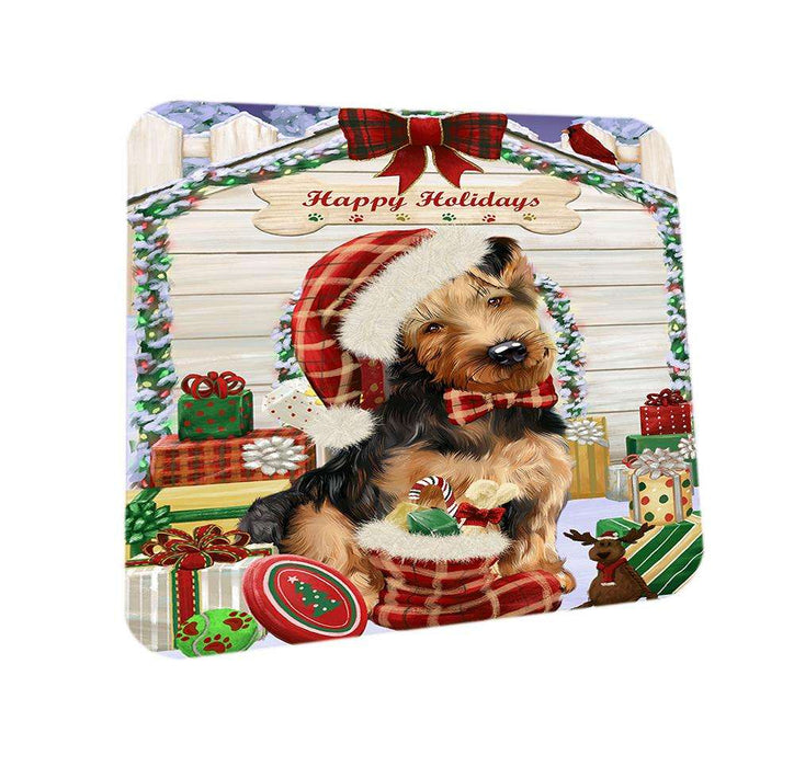 Happy Holidays Christmas Airedale Terrier Dog House with Presents Coasters Set of 4 CST51257