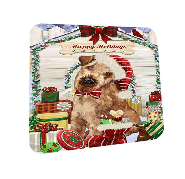 Happy Holidays Christmas Airedale Terrier Dog House with Presents Coasters Set of 4 CST51258