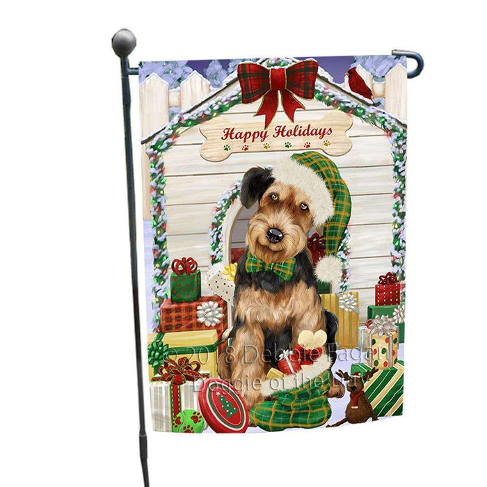Happy Holidays Christmas Airedale Terrier Dog House with Presents Garden Flag GFLG51218