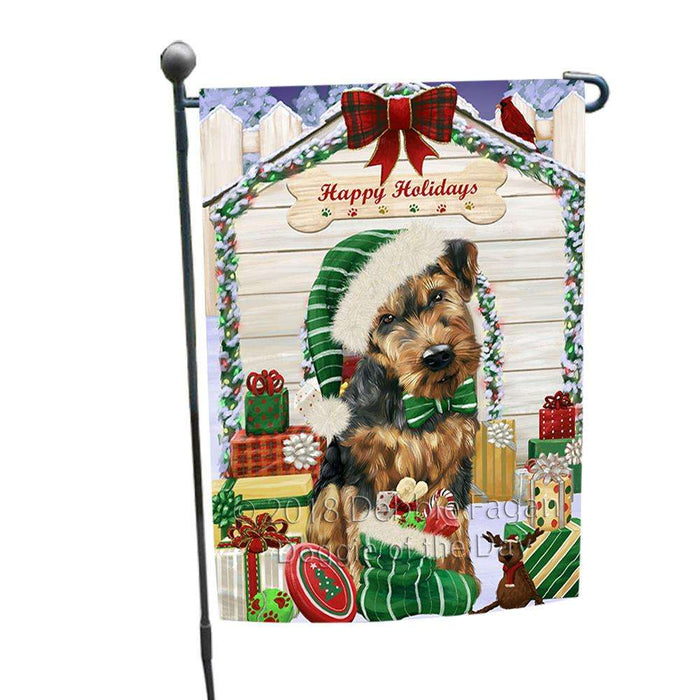 Happy Holidays Christmas Airedale Terrier Dog House with Presents Garden Flag GFLG51219