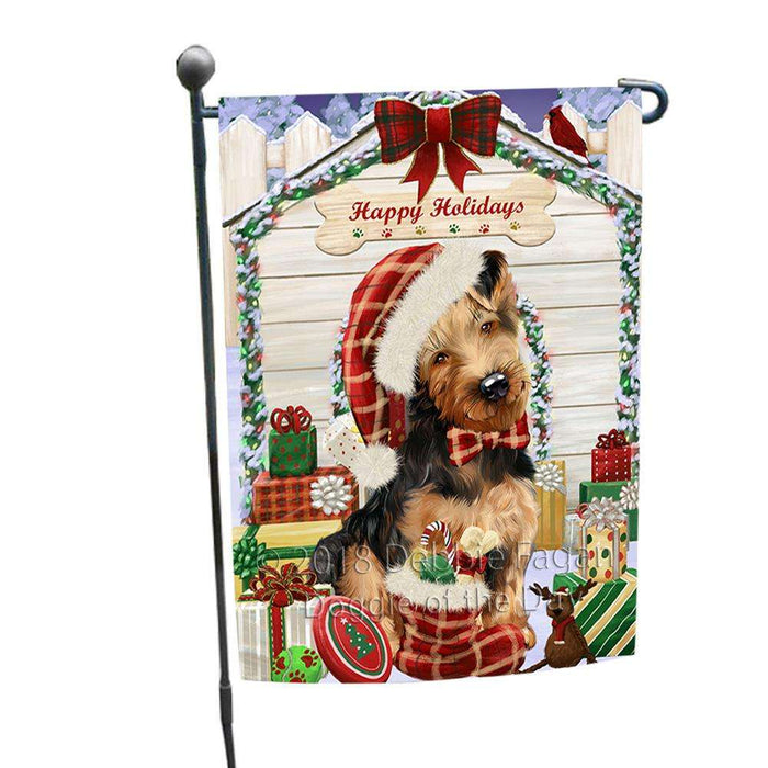 Happy Holidays Christmas Airedale Terrier Dog House with Presents Garden Flag GFLG51220