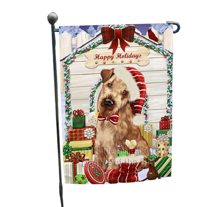 Happy Holidays Christmas Airedale Terrier Dog House with Presents Garden Flag GFLG51221