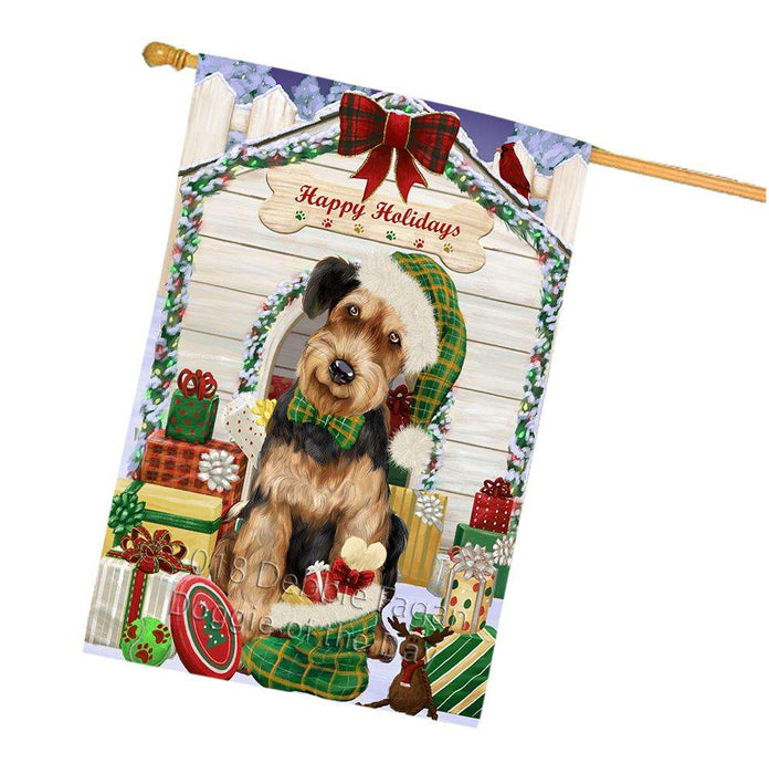 Happy Holidays Christmas Airedale Terrier Dog House with Presents House Flag FLG51354