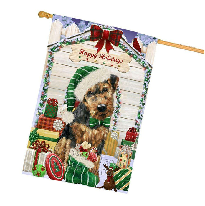 Happy Holidays Christmas Airedale Terrier Dog House with Presents House Flag FLG51355