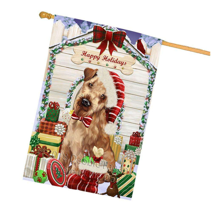 Happy Holidays Christmas Airedale Terrier Dog House with Presents House Flag FLG51357
