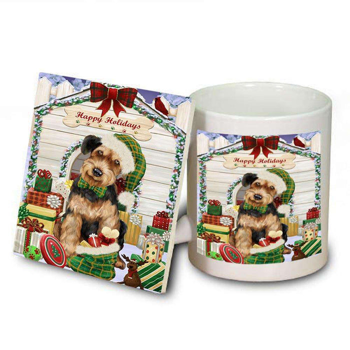 Happy Holidays Christmas Airedale Terrier Dog House with Presents Mug and Coaster Set MUC51288