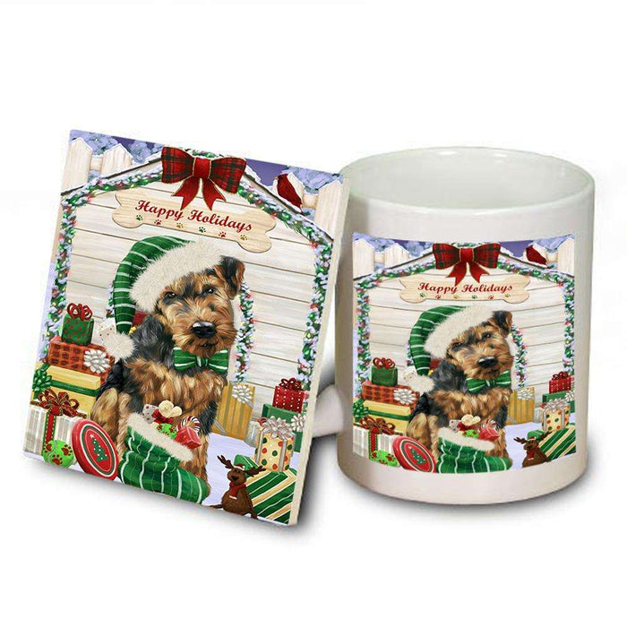 Happy Holidays Christmas Airedale Terrier Dog House with Presents Mug and Coaster Set MUC51289