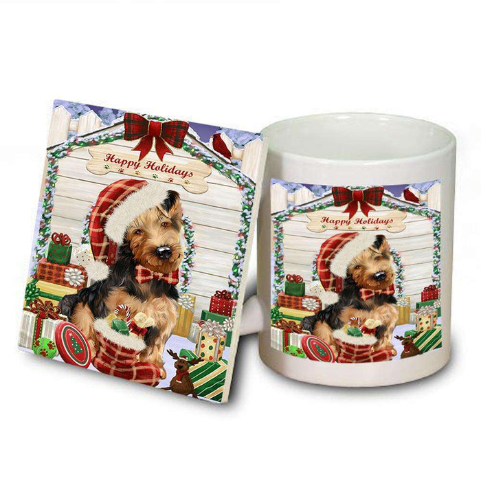Happy Holidays Christmas Airedale Terrier Dog House with Presents Mug and Coaster Set MUC51290