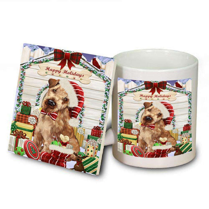 Happy Holidays Christmas Airedale Terrier Dog House with Presents Mug and Coaster Set MUC51291