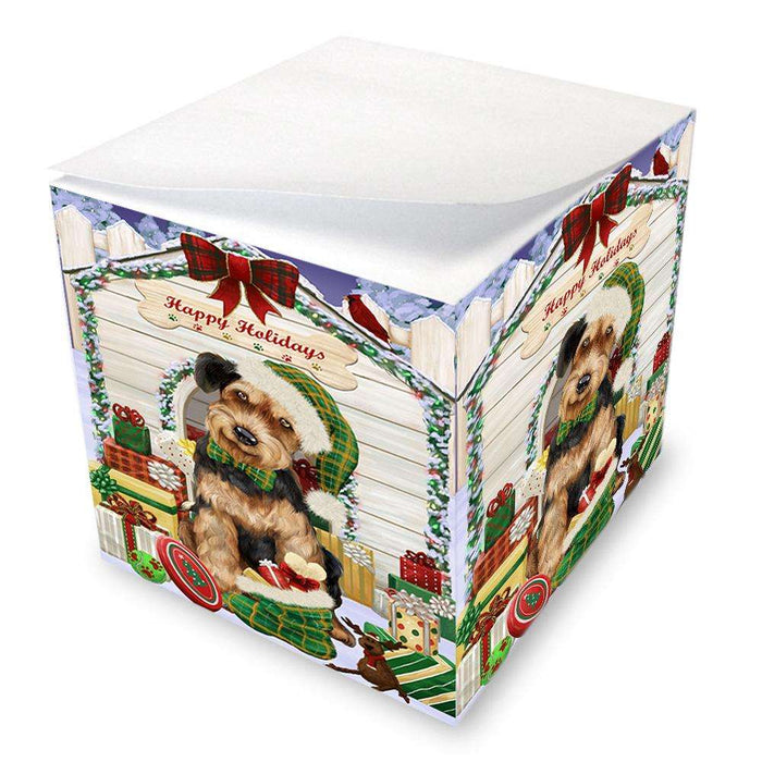 Happy Holidays Christmas Airedale Terrier Dog House with Presents Note Cube NOC51296