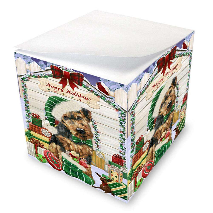 Happy Holidays Christmas Airedale Terrier Dog House with Presents Note Cube NOC51297