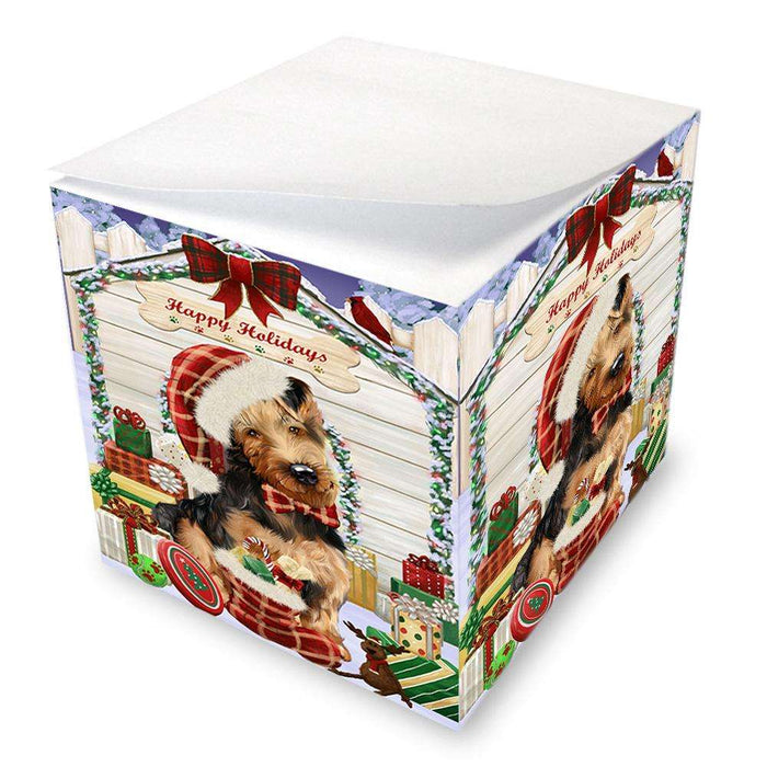 Happy Holidays Christmas Airedale Terrier Dog House with Presents Note Cube NOC51298