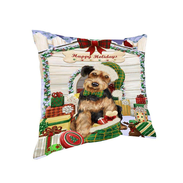 Happy Holidays Christmas Airedale Terrier Dog House with Presents Pillow PIL61248