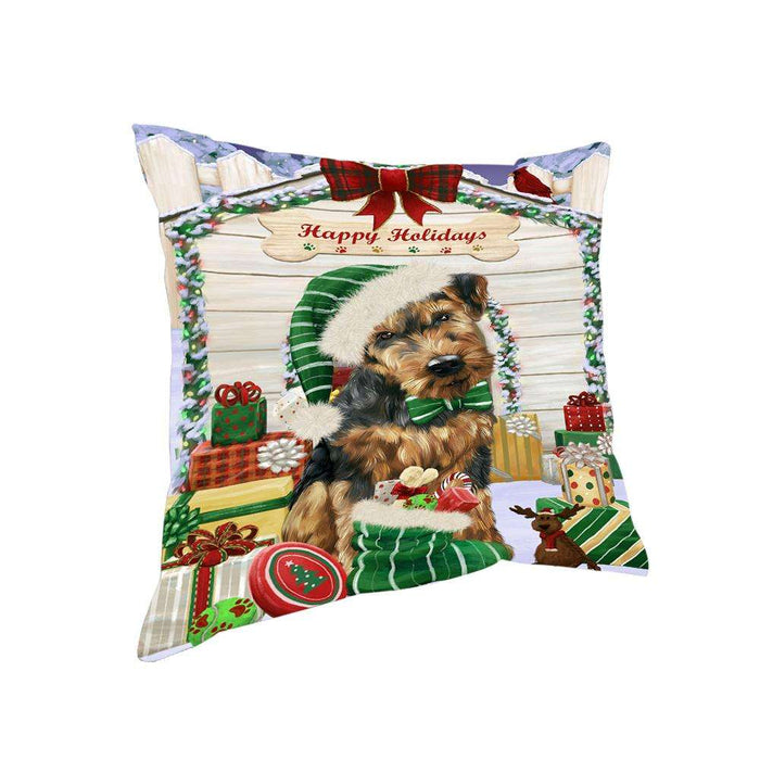 Happy Holidays Christmas Airedale Terrier Dog House with Presents Pillow PIL61252