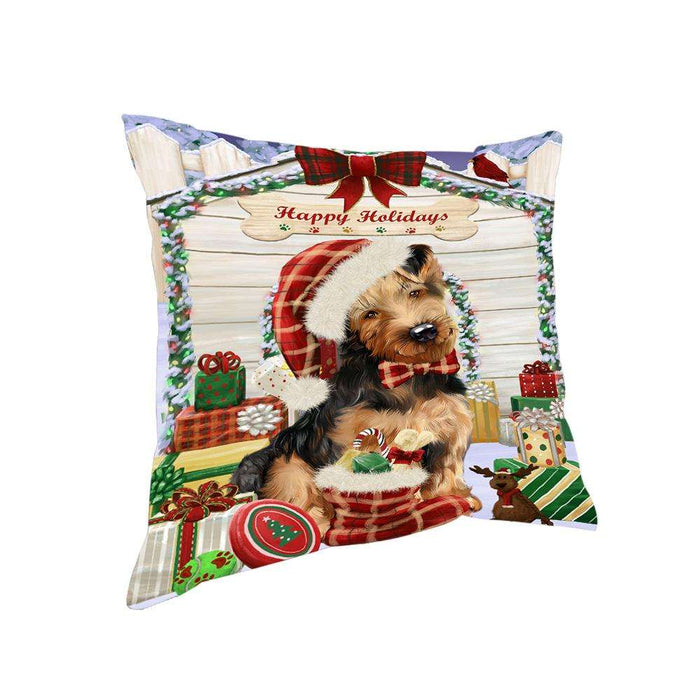 Happy Holidays Christmas Airedale Terrier Dog House with Presents Pillow PIL61256