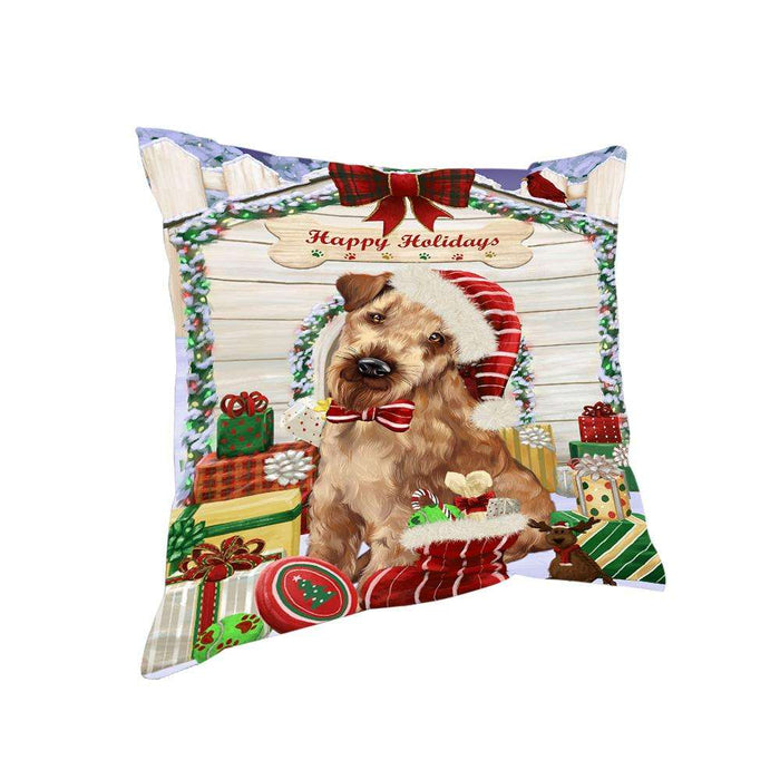 Happy Holidays Christmas Airedale Terrier Dog House with Presents Pillow PIL61260