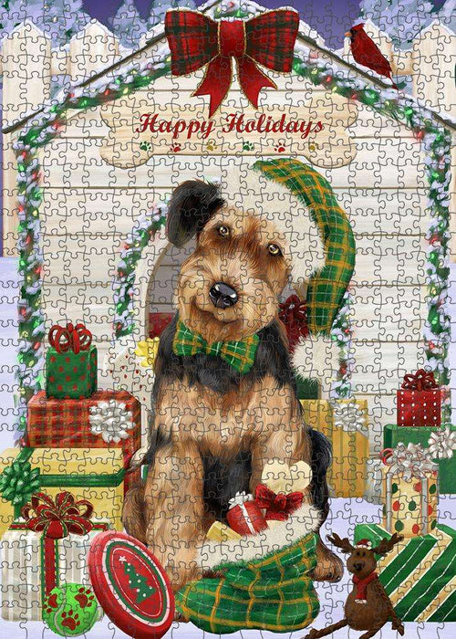 Happy Holidays Christmas Airedale Terrier Dog House with Presents Puzzle with Photo Tin PUZL57750