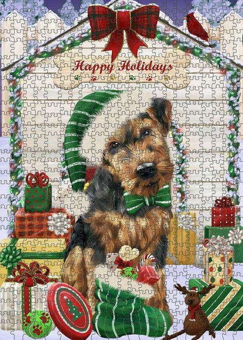 Happy Holidays Christmas Airedale Terrier Dog House with Presents Puzzle with Photo Tin PUZL57753