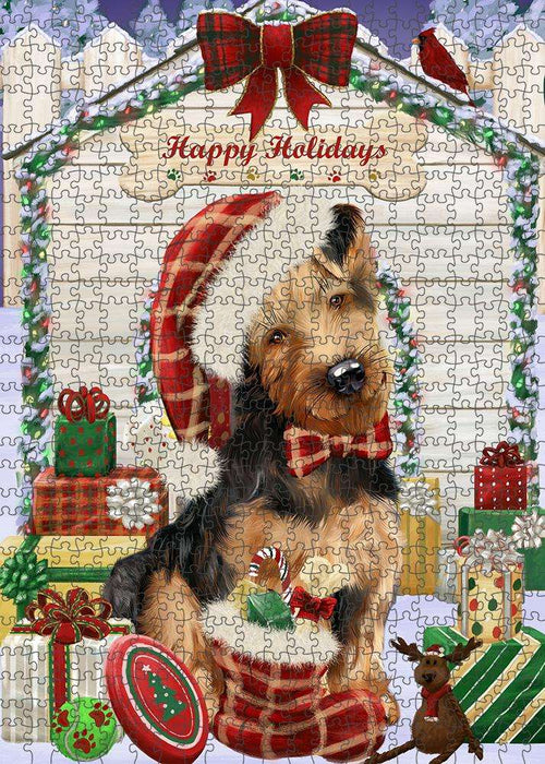 Happy Holidays Christmas Airedale Terrier Dog House with Presents Puzzle with Photo Tin PUZL57756