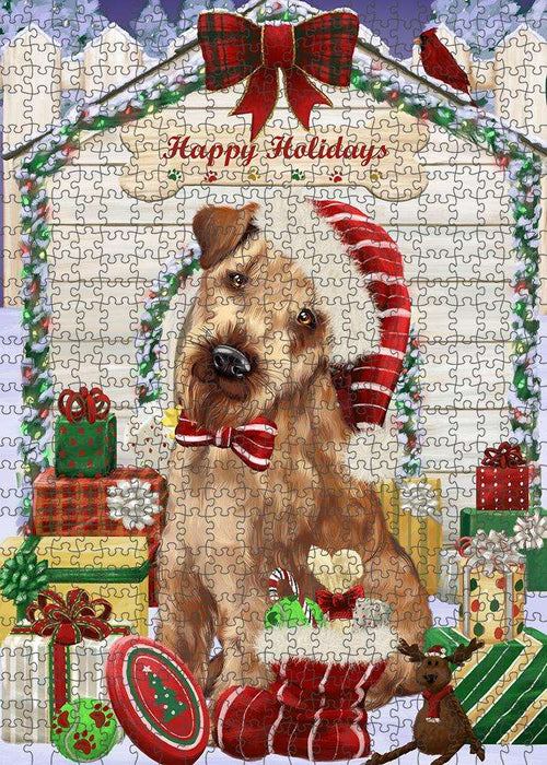 Happy Holidays Christmas Airedale Terrier Dog House with Presents Puzzle with Photo Tin PUZL57759